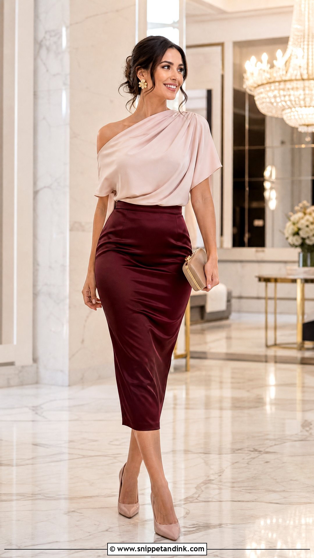 Pencil Skirt and Draped Blouse Wedding Outfit - Snippet and Ink - 20 Skirt and Top Wedding Outfits