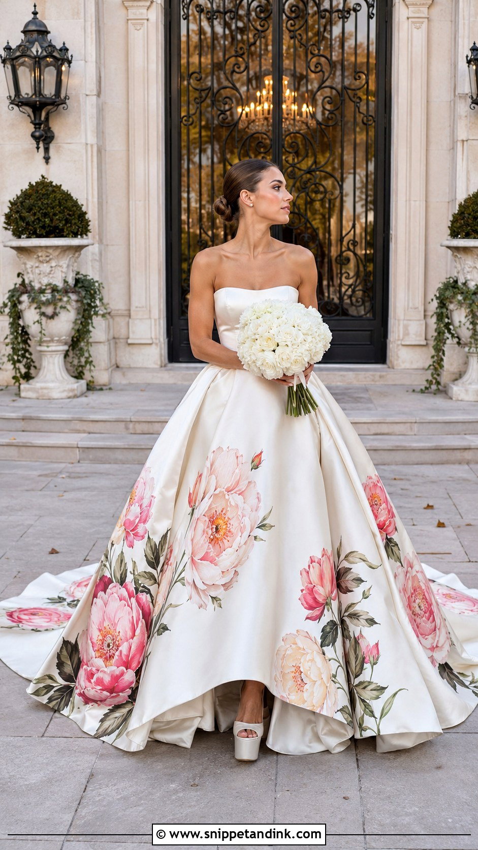 Peony Hand Painted Wedding Dress - Snippet and Ink - 20 Hand Painted Wedding Dress Ideas
