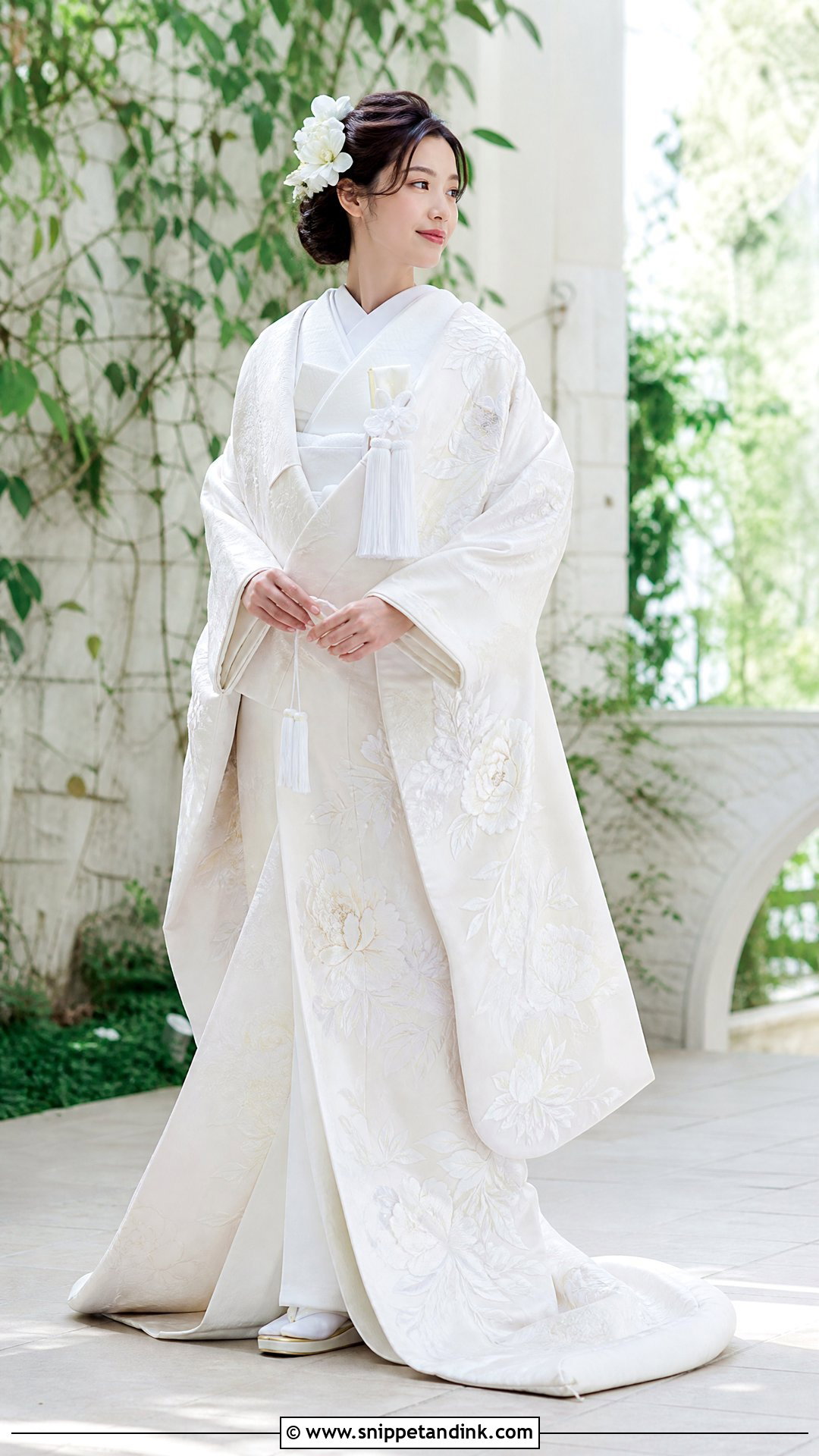 Peony Shiromuku With White Flower Crown - Snippet and Ink - 20 Shiromuku Wedding Kimono Ideas