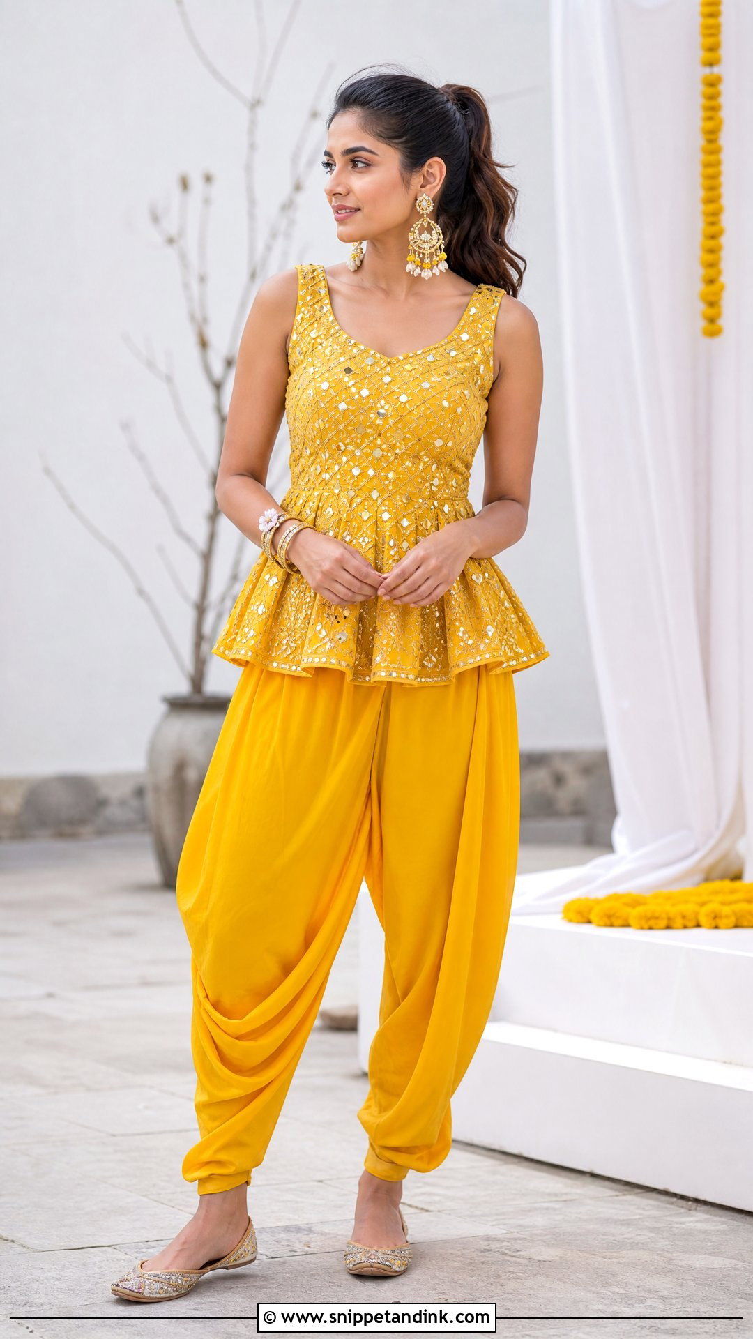 Peplum And Dhoti Pants Haldi Outfit - Snippet and Ink - 25 Aesthetic Haldi Outfits