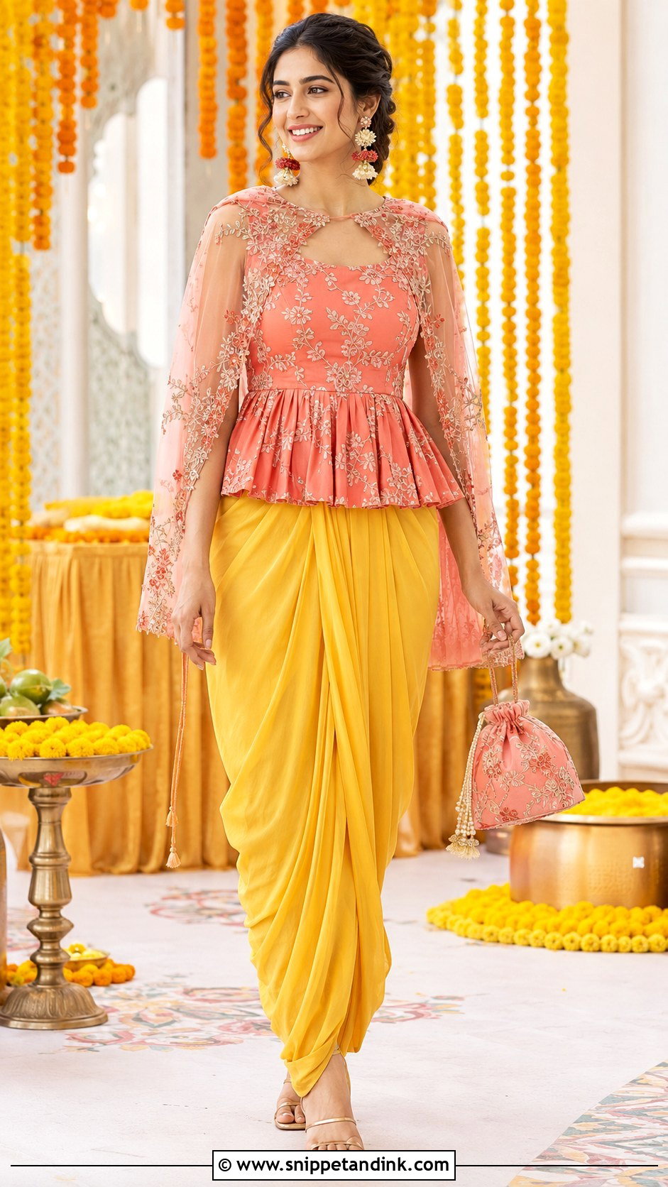Peplum Blouse And Draped Skirt Haldi Outfit - Snippet and Ink - 20 Indowestern Haldi Ceremony Outfit Ideas