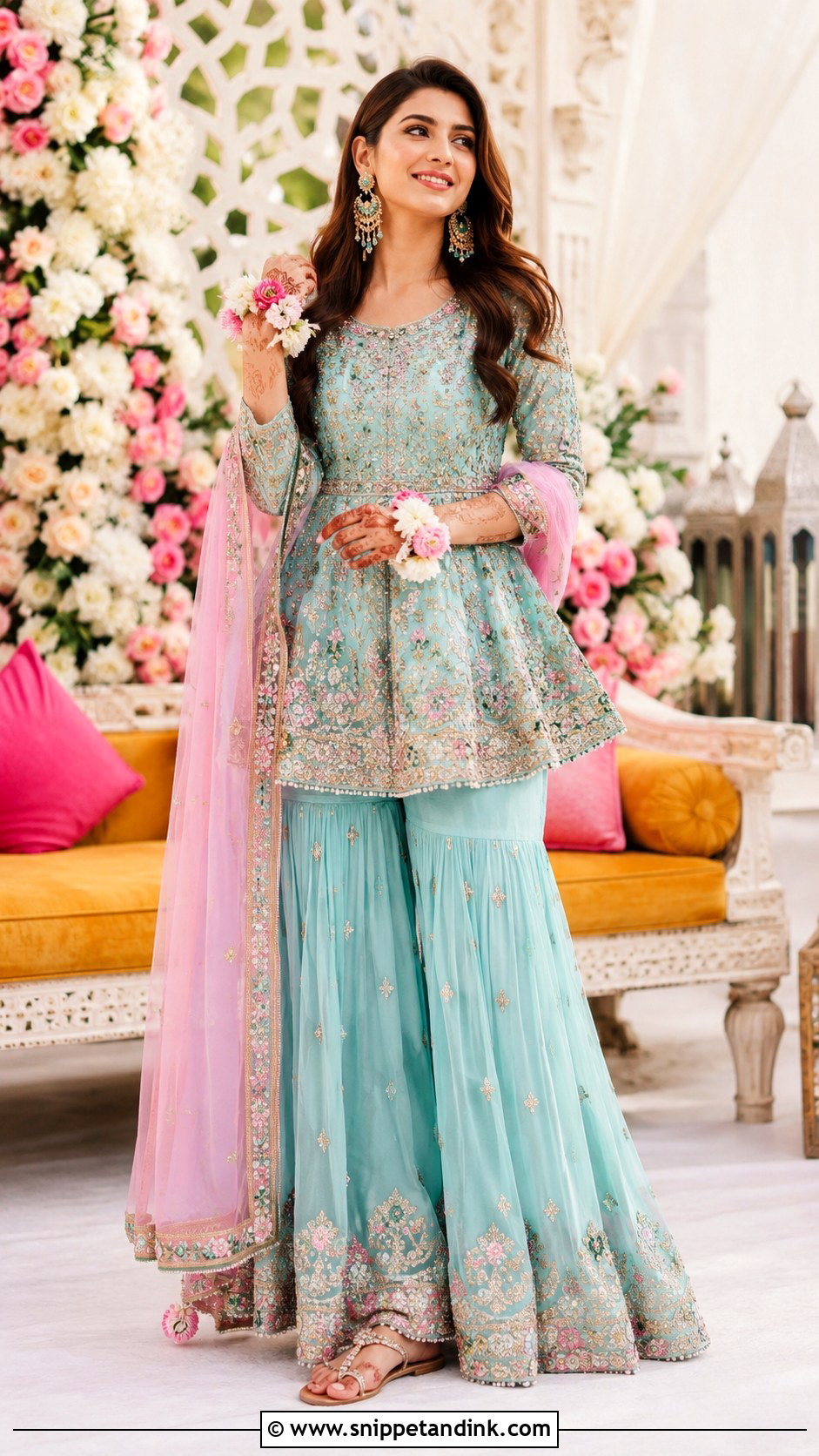 Peplum Bridal Mehendi Sharara - Snippet and Ink - 20 Bridal Mehendi Outfit Ideas