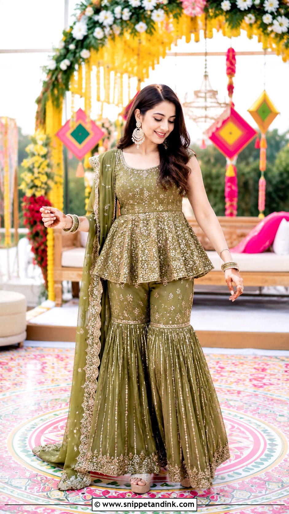 Peplum Mehndi Sharara With Dupatta - Snippet and Ink - 25 Mehndi Sharara Outfit Ideas