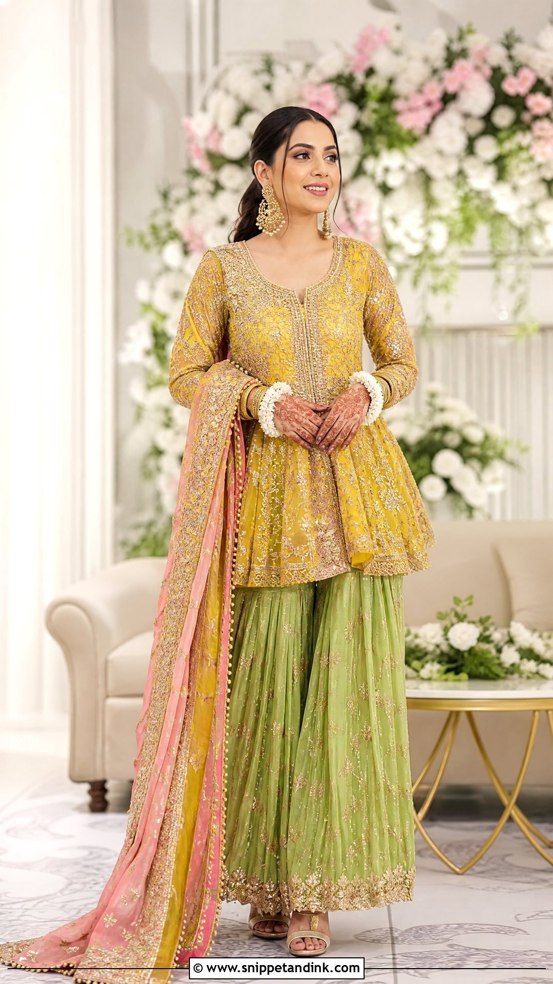 Peplum Sharara Mehndi Dress For Bride - Snippet and Ink - 25 Mehndi Dress for Bride Pakistani Bridal Ideas