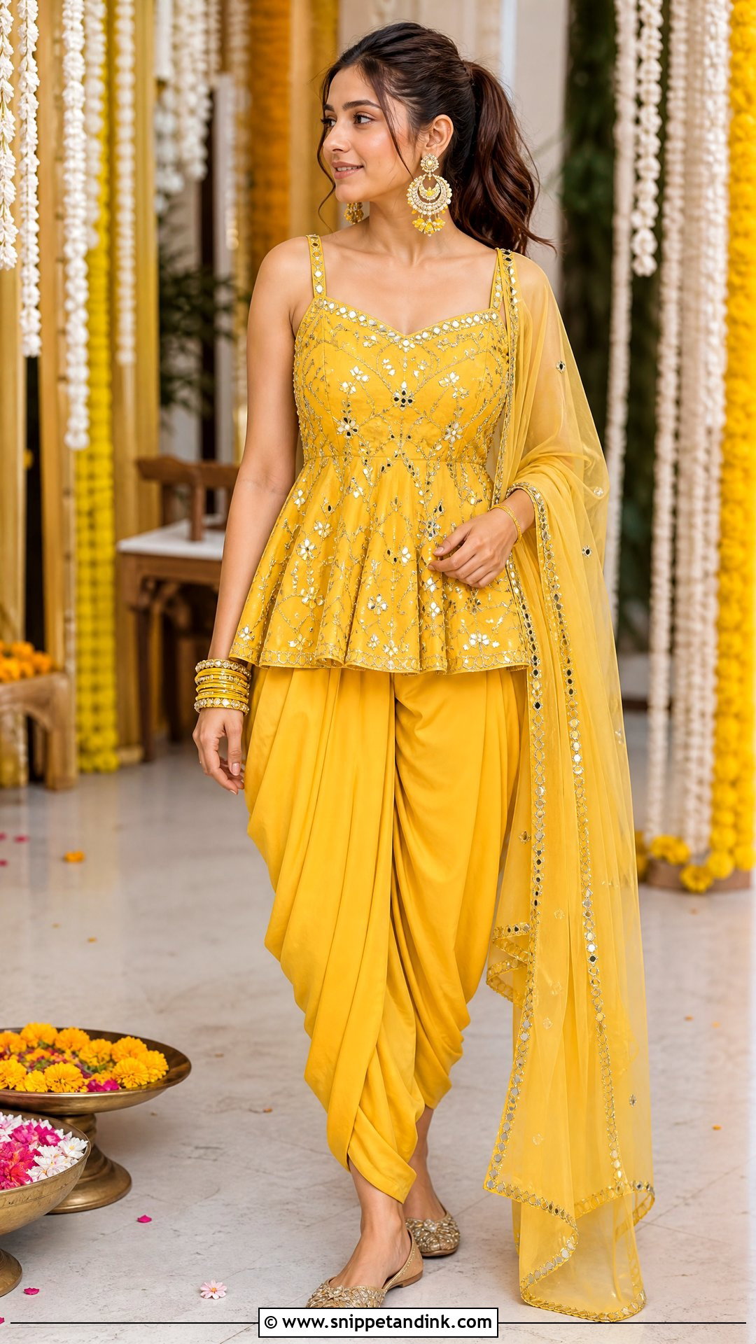 Peplum Top And Dhoti Pants Haldi Outfit - Snippet and Ink - 20 Women Haldi Outfit Ideas