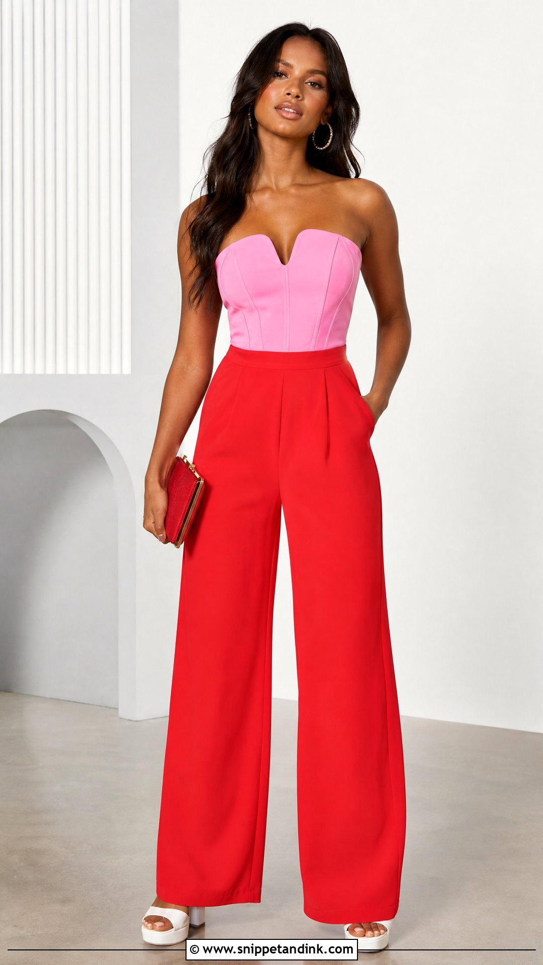 Perfect Match Bachelorette Pink And Red Color Block Jumpsuit Outfit - Snippet and Ink - 20 Perfect Match Bachelorette Theme Outfit Ideas