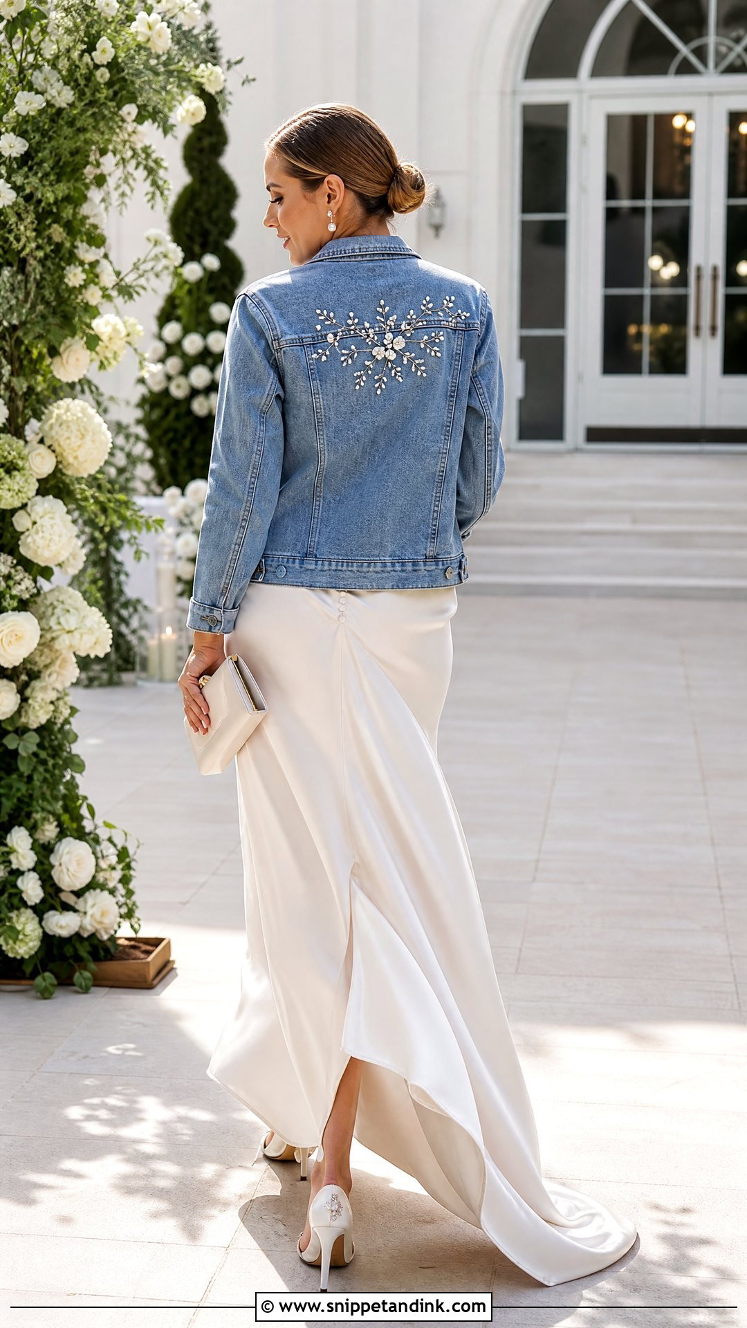 Personalized Wedding Jean Jacket With Satin Gown - Snippet and Ink - 20 Wedding Jean Jacket Ideas