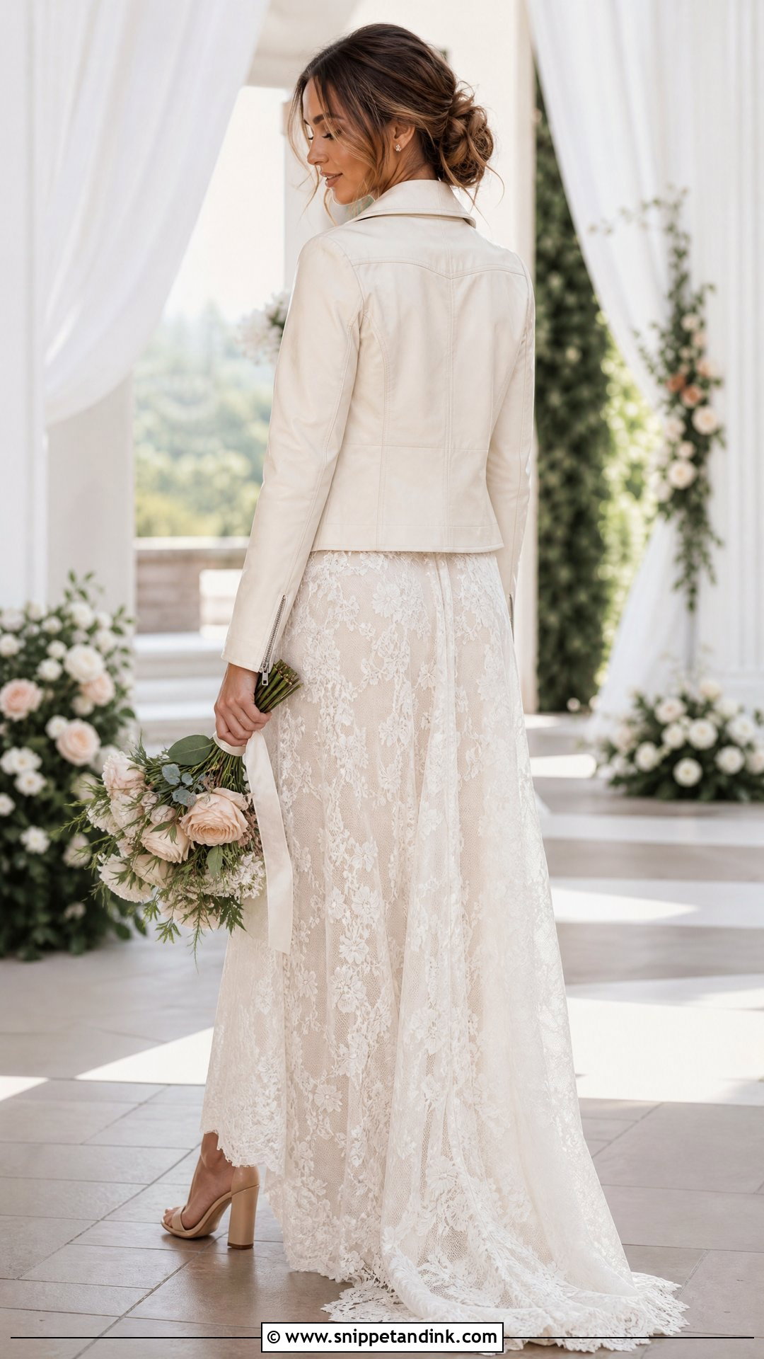 Personalized Wedding Leather Jacket With A Line Dress - Snippet and Ink - 20 Wedding Leather Jacket Ideas