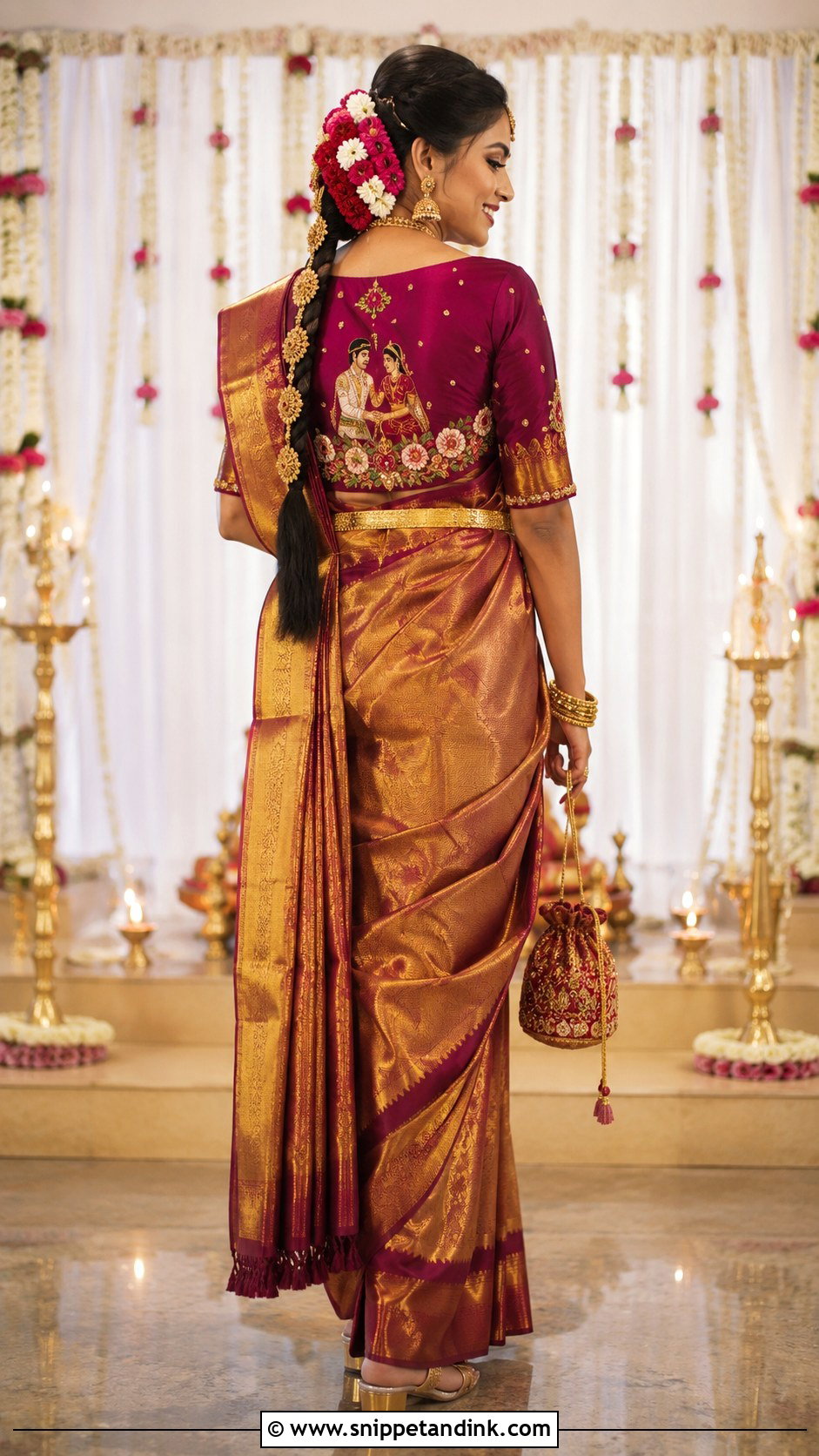 Personalized Wedding Motif Blouse With Silk Saree - Snippet and Ink - 20 Grand Blouse Designs for Marriage
