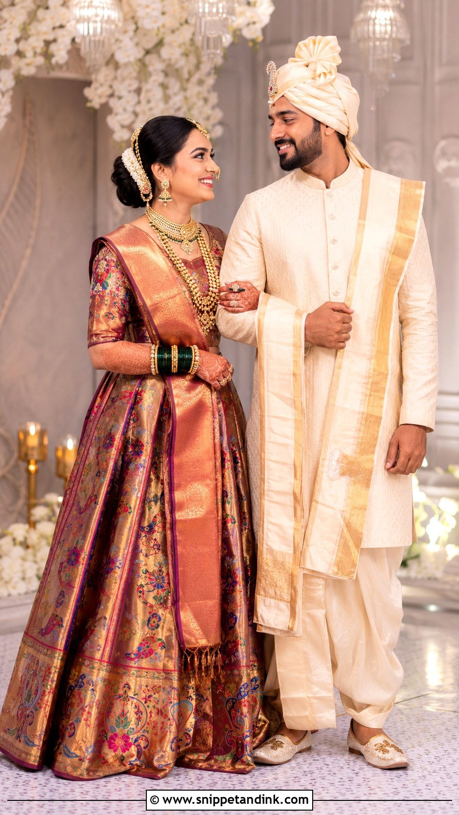Peshwai Bride Lehenga And Dhoti Kurta Groom Look - Snippet and Ink - 25 Peshwai Look for Wedding Couple Ideas