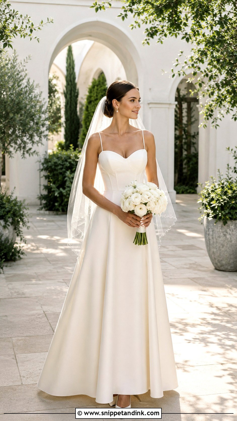 Petite Basque Waist A Line Dress With Simple Veil - Snippet and Ink - 20 Low Waist Wedding Dresses