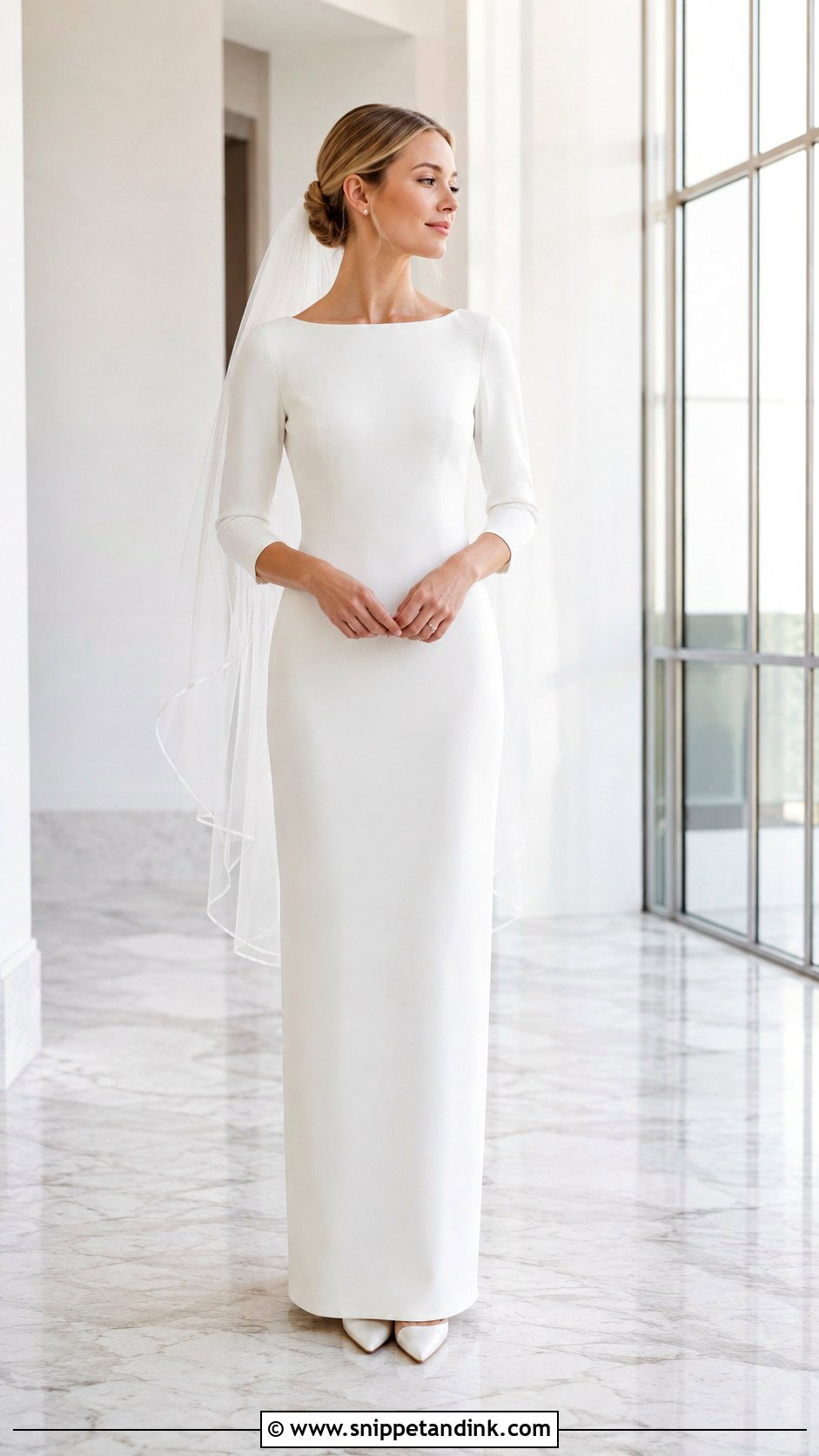 Petite Boat Neck Wedding Dress With Three Quarter Sleeves - Snippet and Ink - 20 Boat Neck Wedding Dress with Sleeves