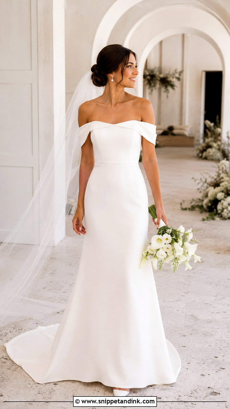 Petite Bride Off Shoulder Wedding Dress - Snippet and Ink - 20 Short Bride Ideas