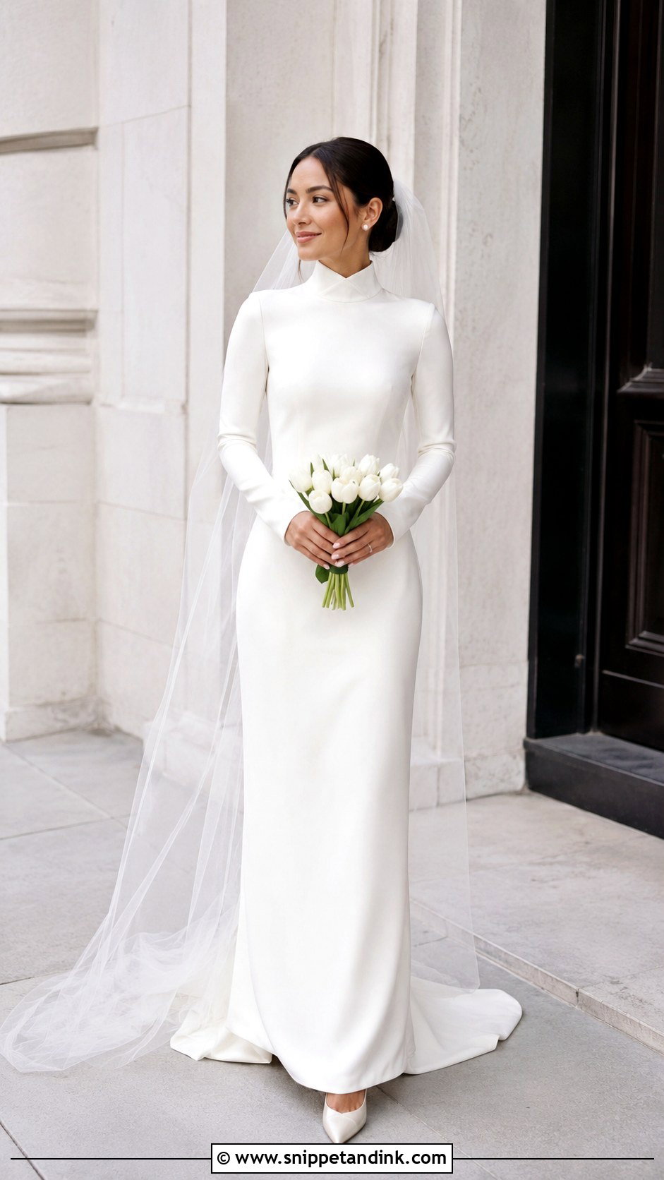 Petite Column Wedding Dress With High Neckline - Snippet and Ink - 20 Modest Simple Wedding Dress Ideas