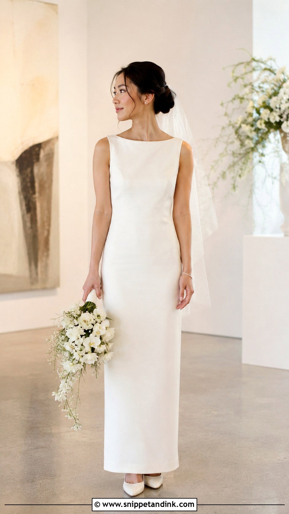 Petite Column Wedding Dress With Minimal Jewelry - Snippet and Ink - 25 Petite Wedding Dresses Short Bride