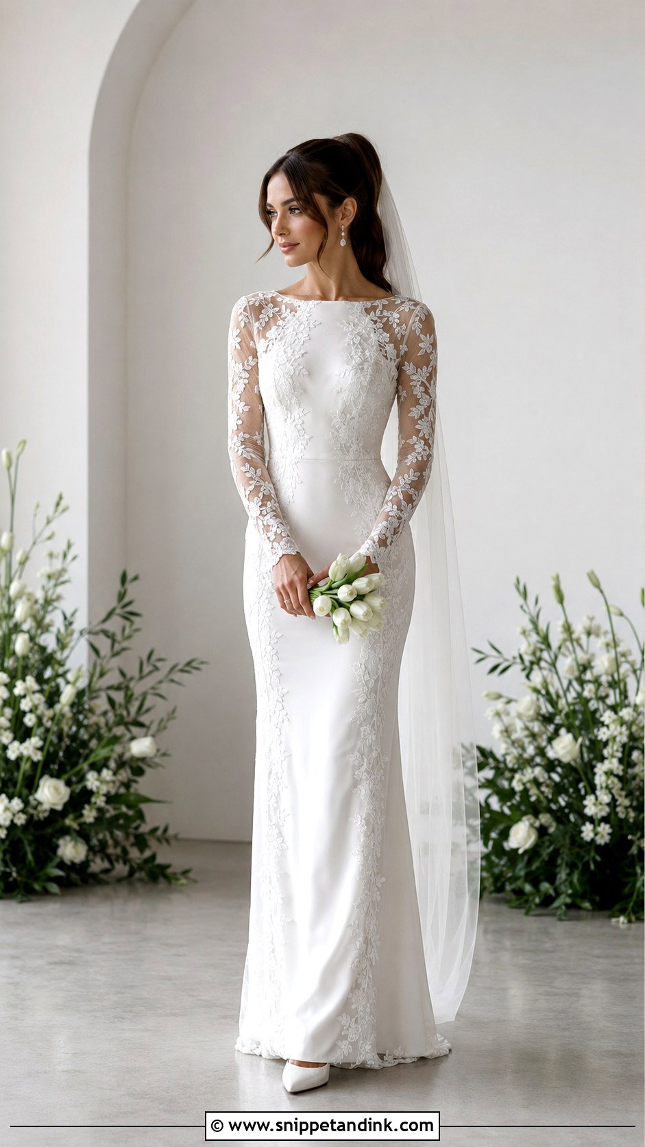 Petite Column Wedding Dress With Sheer Sleeves - Snippet and Ink - 20 Bride Dress with Sleeves