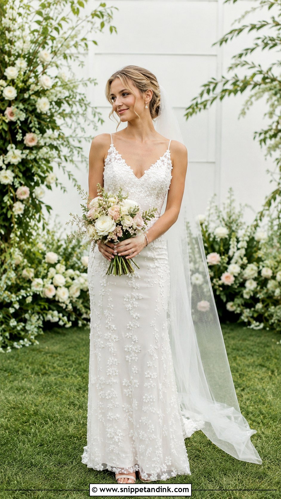 Petite Floral Applique Wedding Dress With Dainty Sandals - Snippet and Ink - 25 Petite Wedding Dresses Short Bride