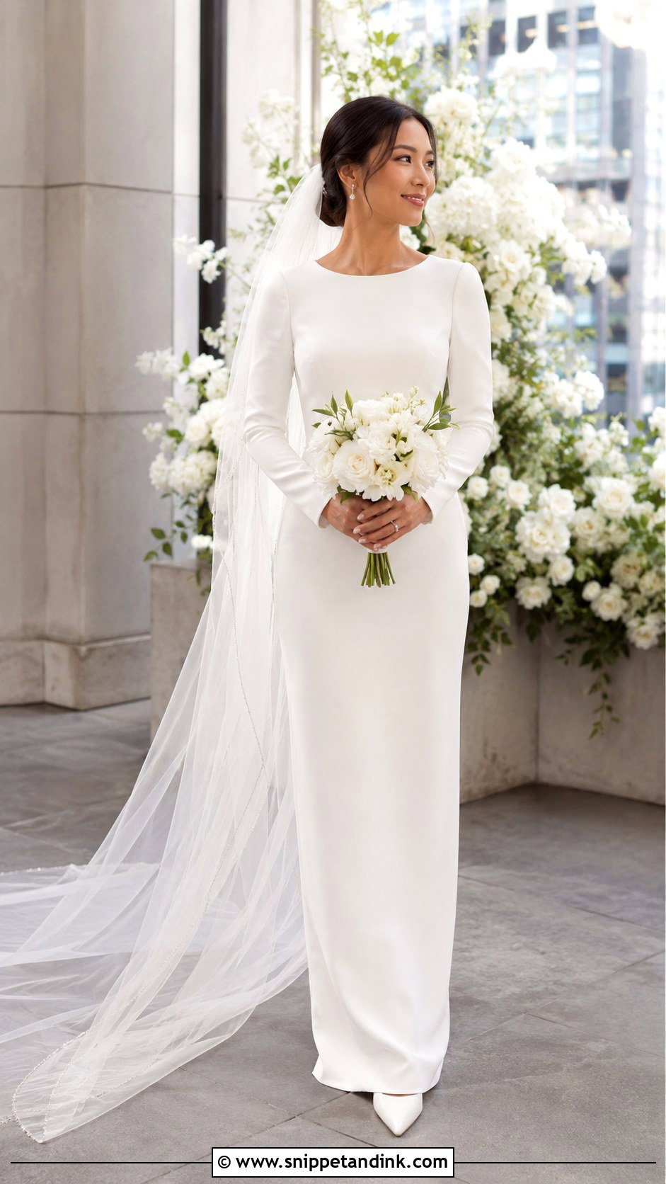 Petite Long Sleeve Column Wedding Dress - Snippet and Ink - 20 Modest Long Sleeve Wedding Dresses