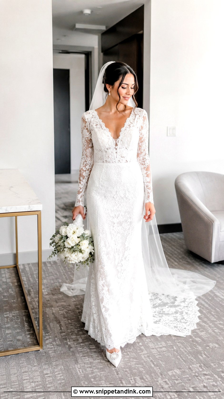 Petite Long Sleeve Lace Column Wedding Dress - Snippet and Ink - 20 Long Sleeved Lace Wedding Dress Ideas