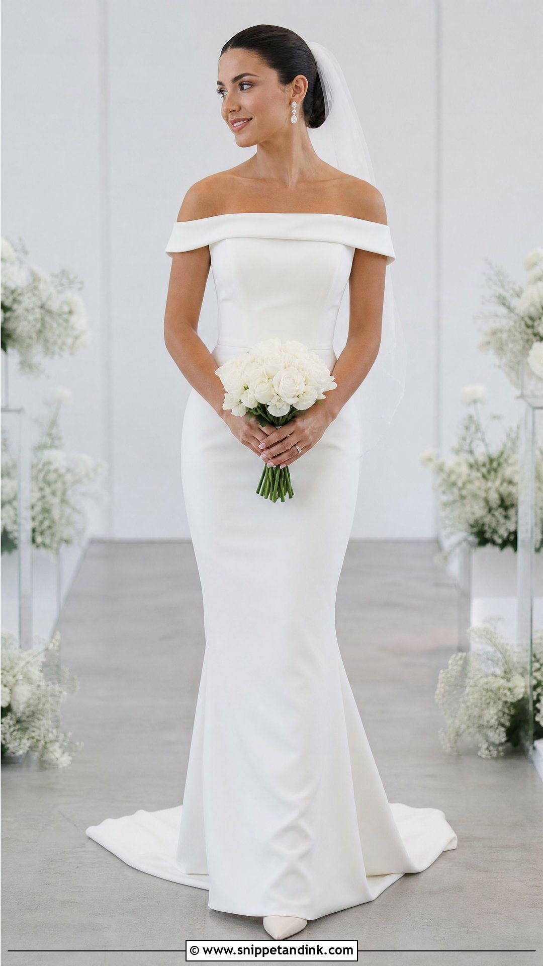 Petite Off Shoulder Bridal Sheath Dress - Snippet and Ink - 20 Off Shoulder Bridal Dress Ideas