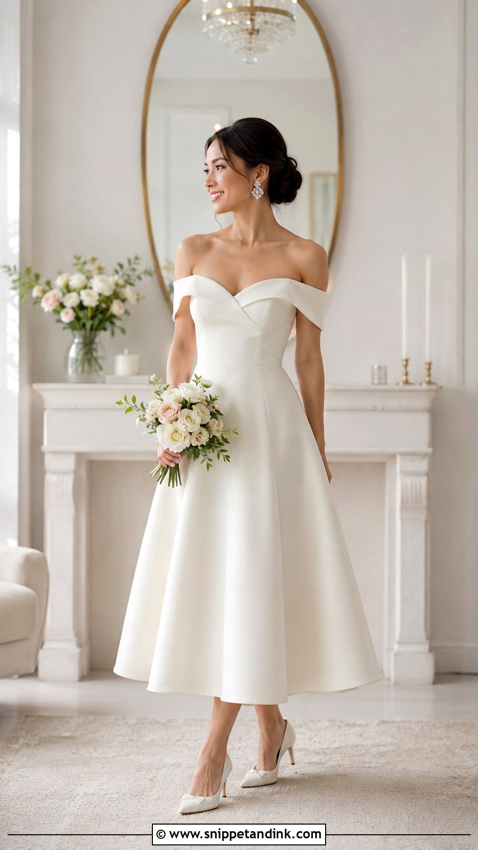 Petite Off Shoulder Wedding Dress With Low Heels - Snippet and Ink - 25 Petite Wedding Dresses Short Bride