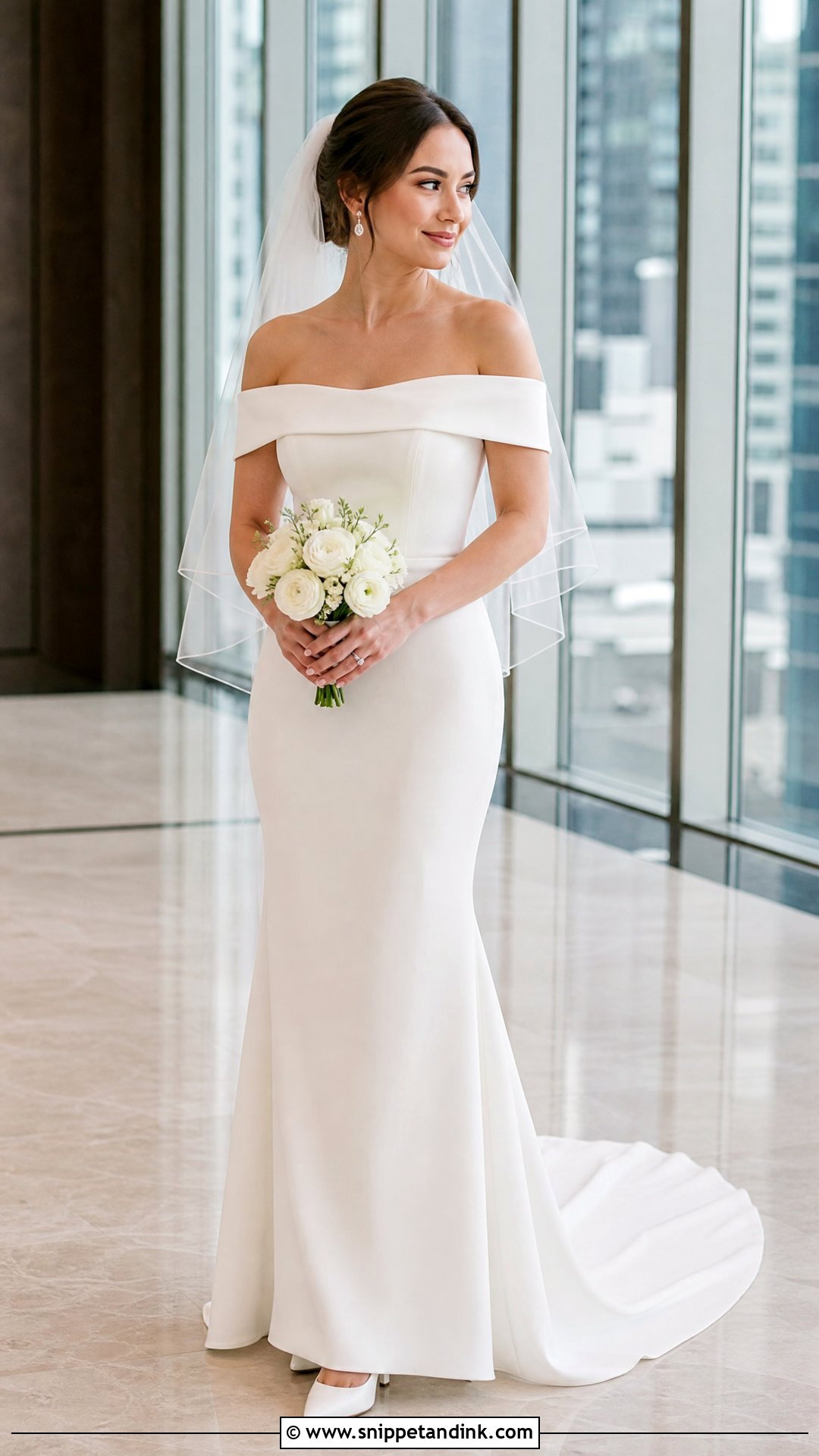 Petite Off the Shoulder Sheath Wedding Dress - Snippet and Ink - 20 Simple Off the Shoulder Wedding Dress Ideas