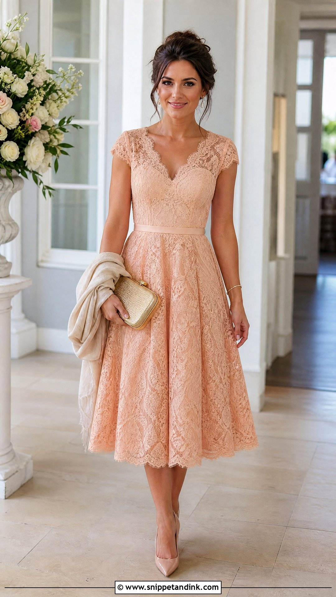 Petite Peach Lace Tea Length Dress Outfit - Snippet and Ink - 20 Peach Lace Styles for Wedding