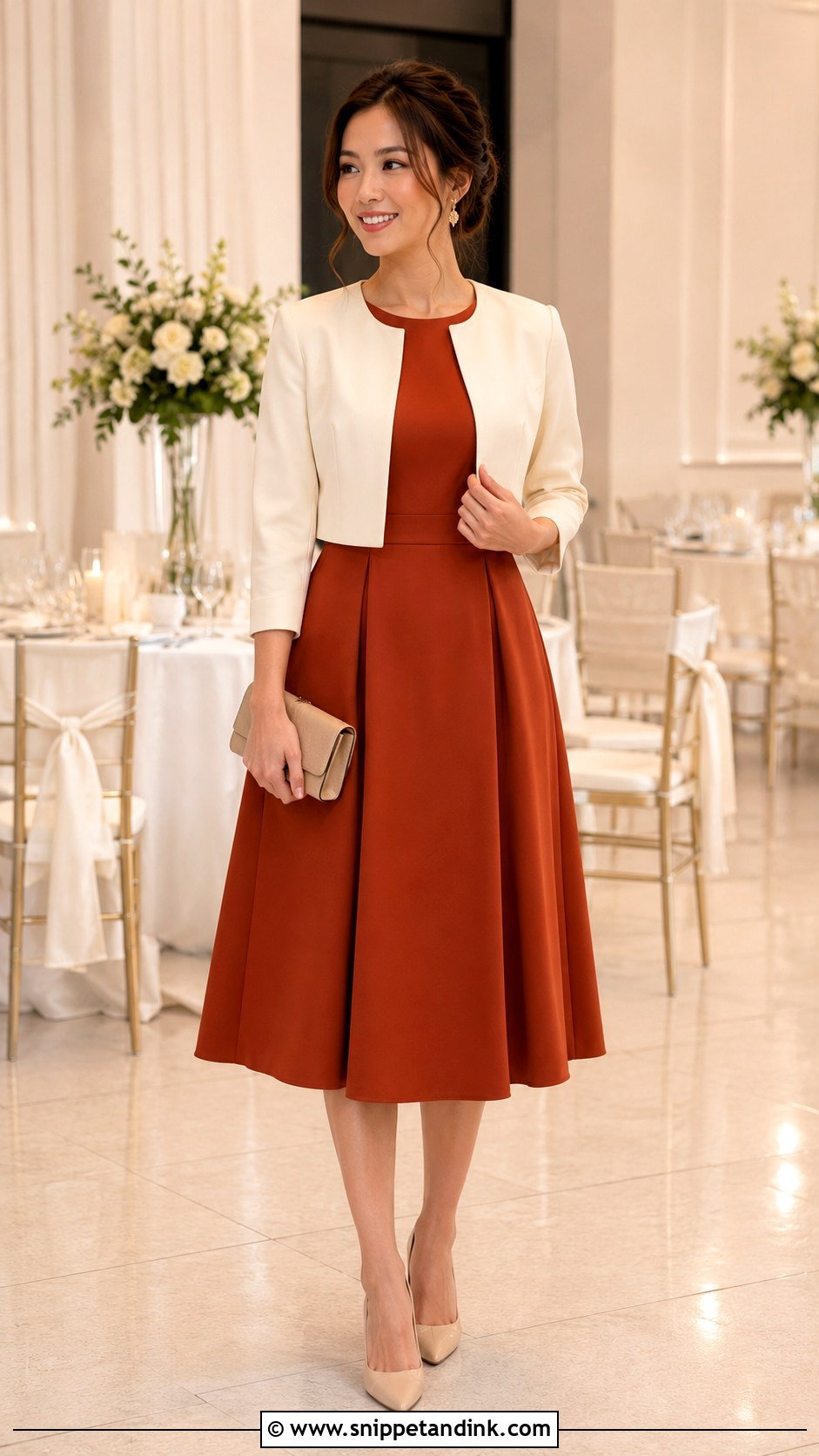 Petite Rust Midi Dress With Pointed Pumps - Snippet and Ink - 20 Rust Dress Outfit Wedding Ideas