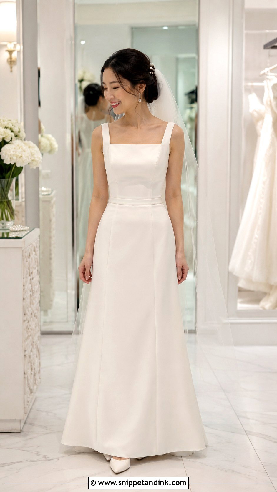 Petite Square Neck Wedding Dress With Pearl Accessories - Snippet and Ink - 25 Petite Wedding Dresses Short Bride