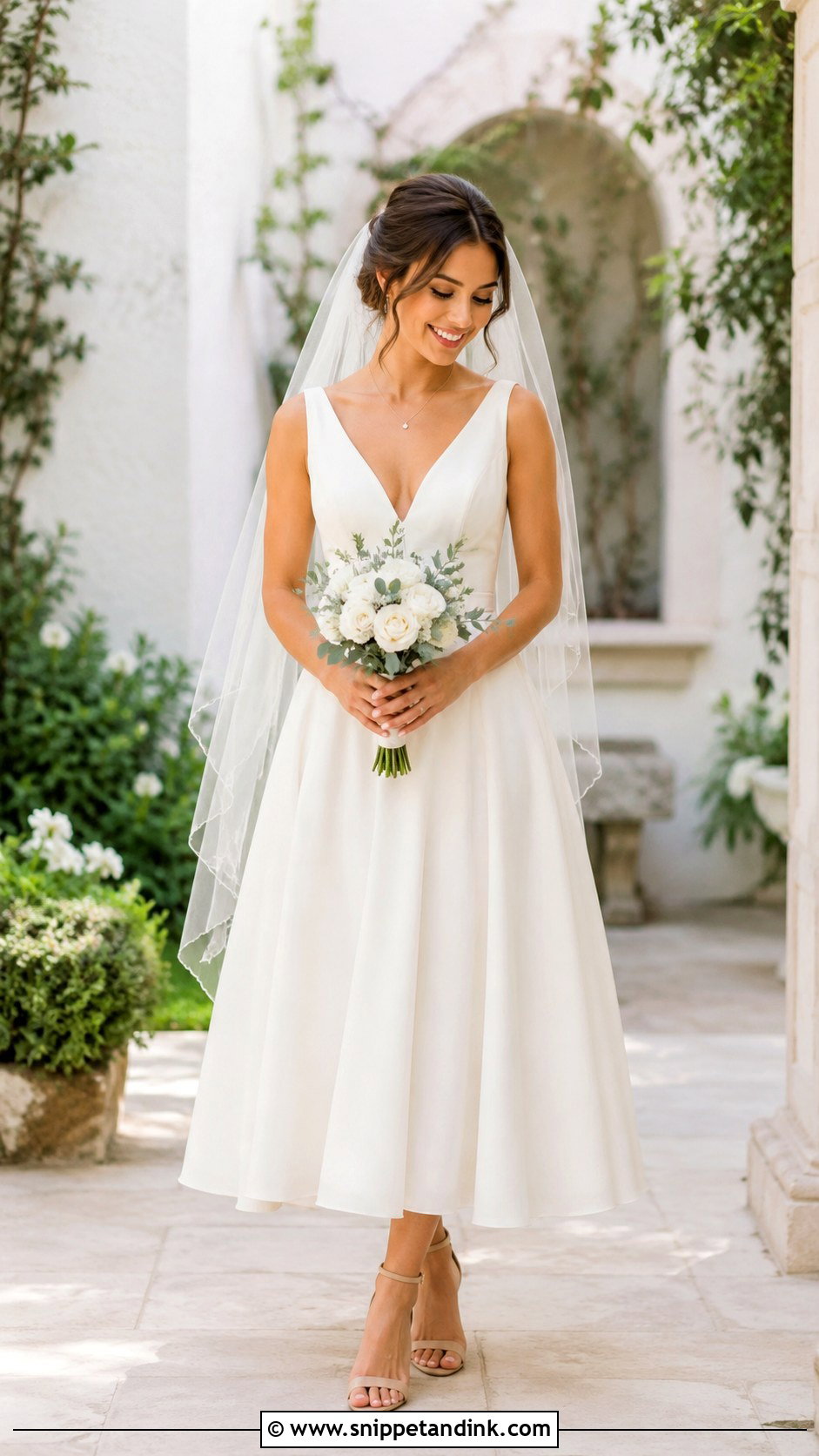 Petite V Neck Wedding Dress With Nude Heels - Snippet and Ink - 25 Petite Wedding Dresses Short Bride