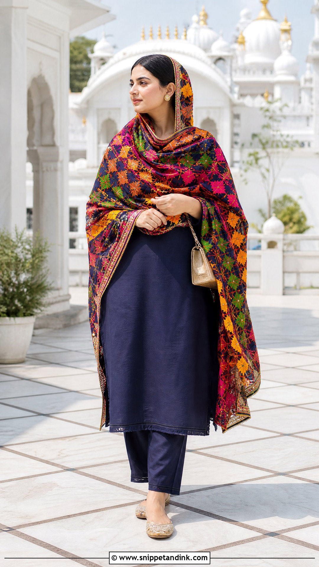 Phulkari Dupatta Suit For Gurudwara - Snippet and Ink - 20 Gurudwara Outfit Ideas