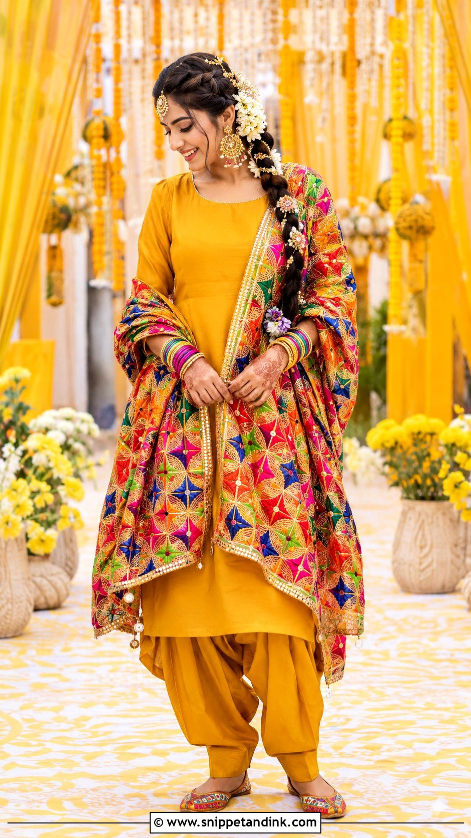 Phulkari Dupatta Suit Haldi Outfit - Snippet and Ink - 20 Bride Haldi Dress Ideas