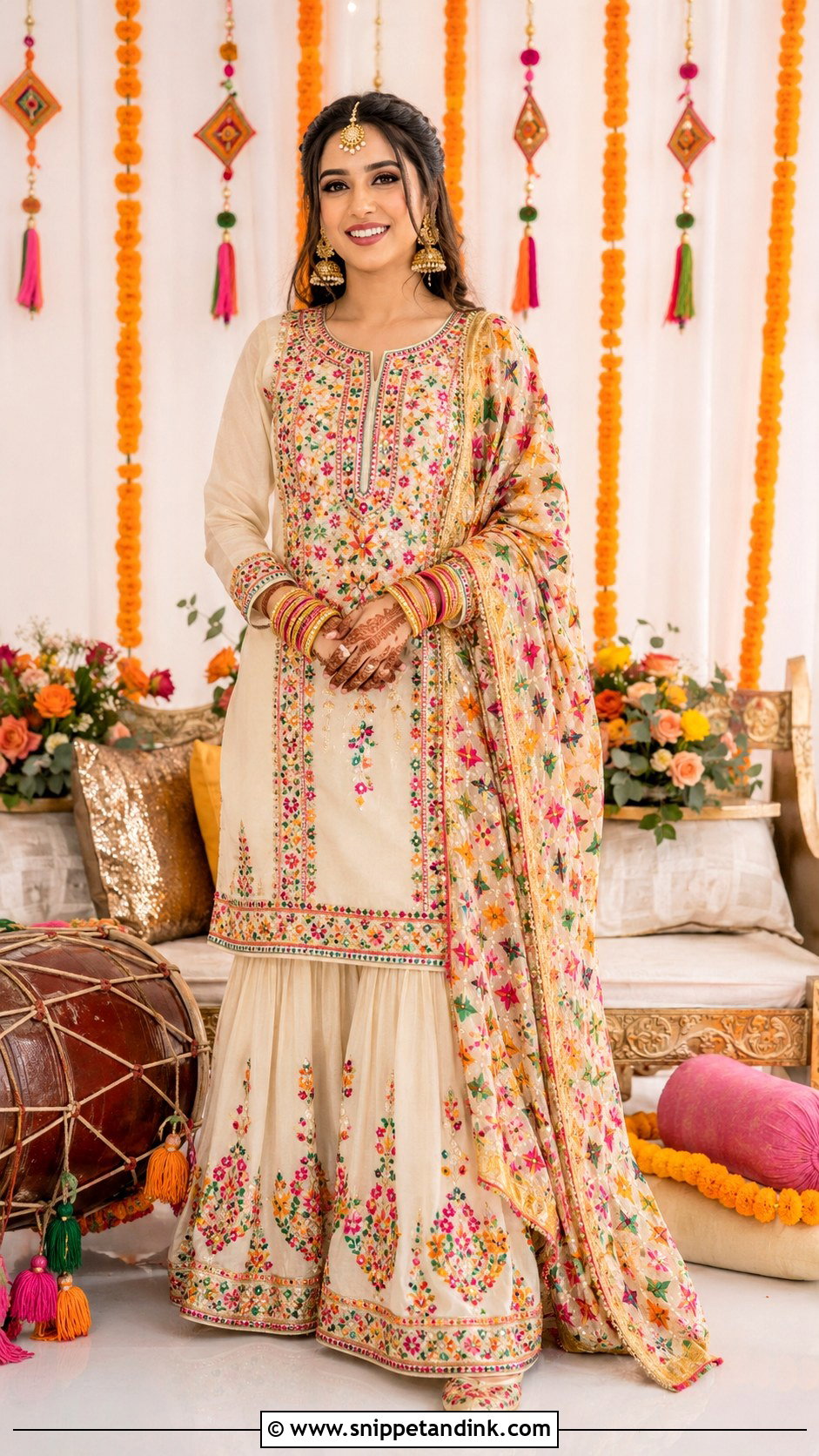 Phulkari Kurta Sharara Dholki Dress - Snippet and Ink - 20 Dholki Dress for Bride Ideas