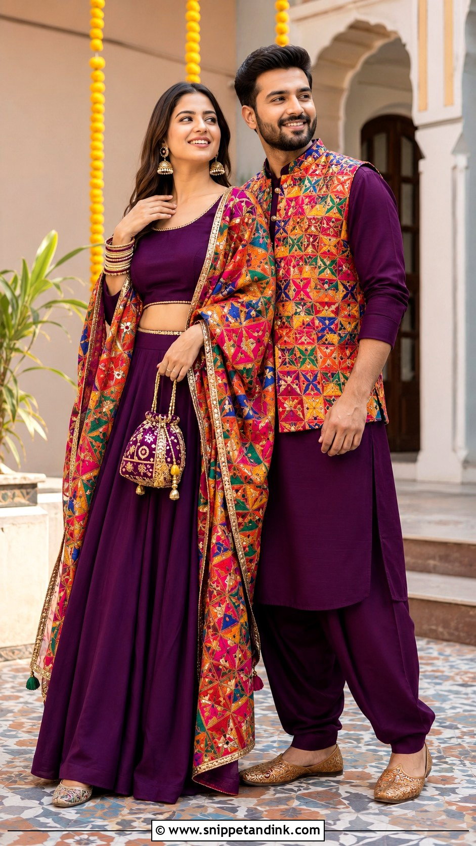 Phulkari Lehenga And Punjabi Kurta Couple Outfit - Snippet and Ink - 20 Couple Matching Indian Outfits