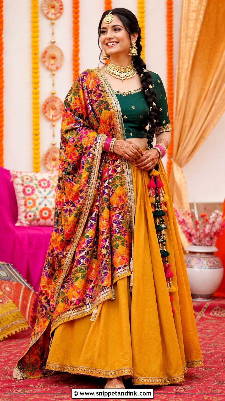 Phulkari Mehndi Lehenga Outfit - Snippet and Ink - 20 Mehndi Ceremony Outfit for Bride Ideas