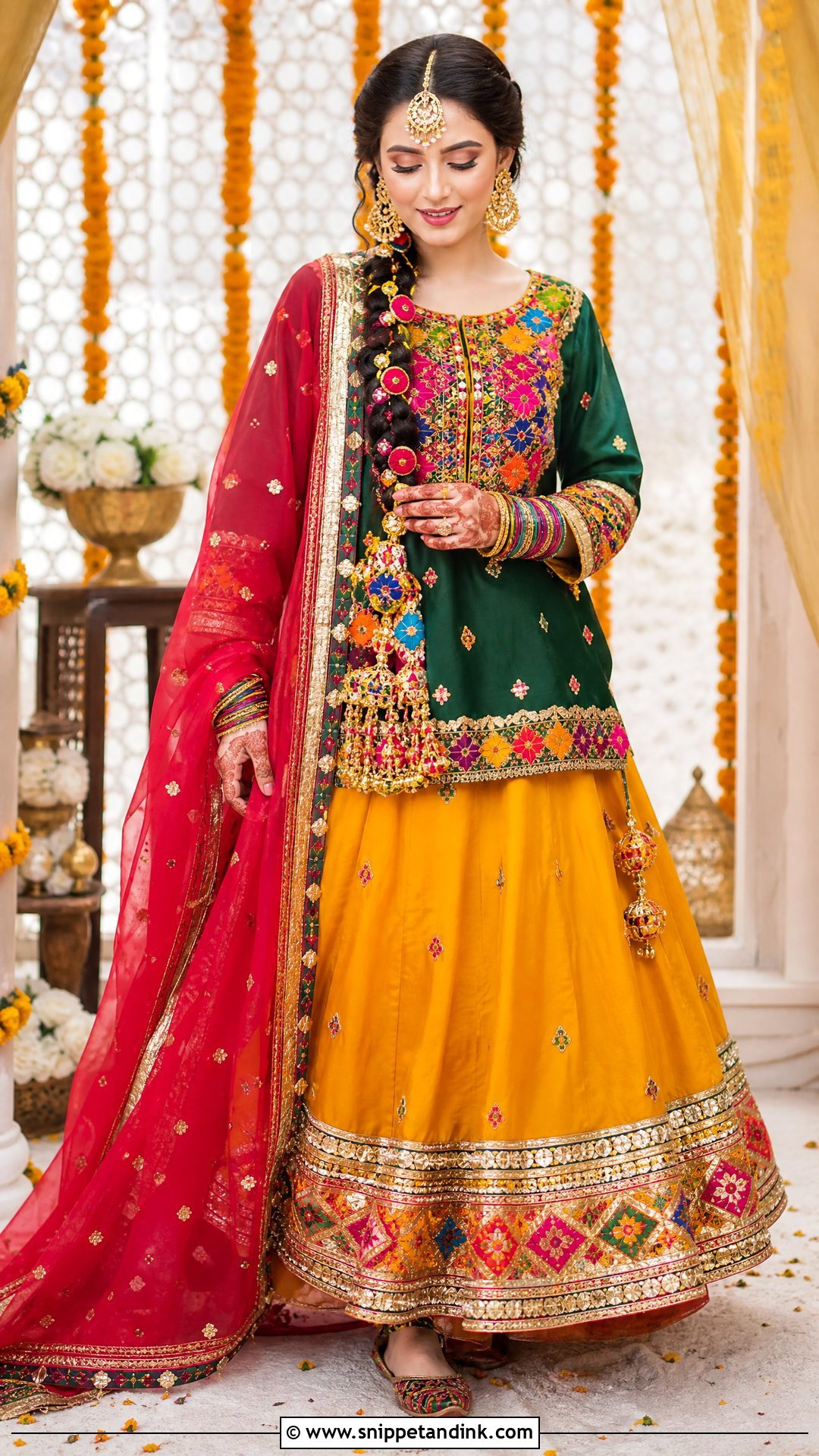 Phulkari Shirt And Bridal Lehenga - Snippet and Ink - 20 Pakistani Bridal Mehndi Dress Ideas