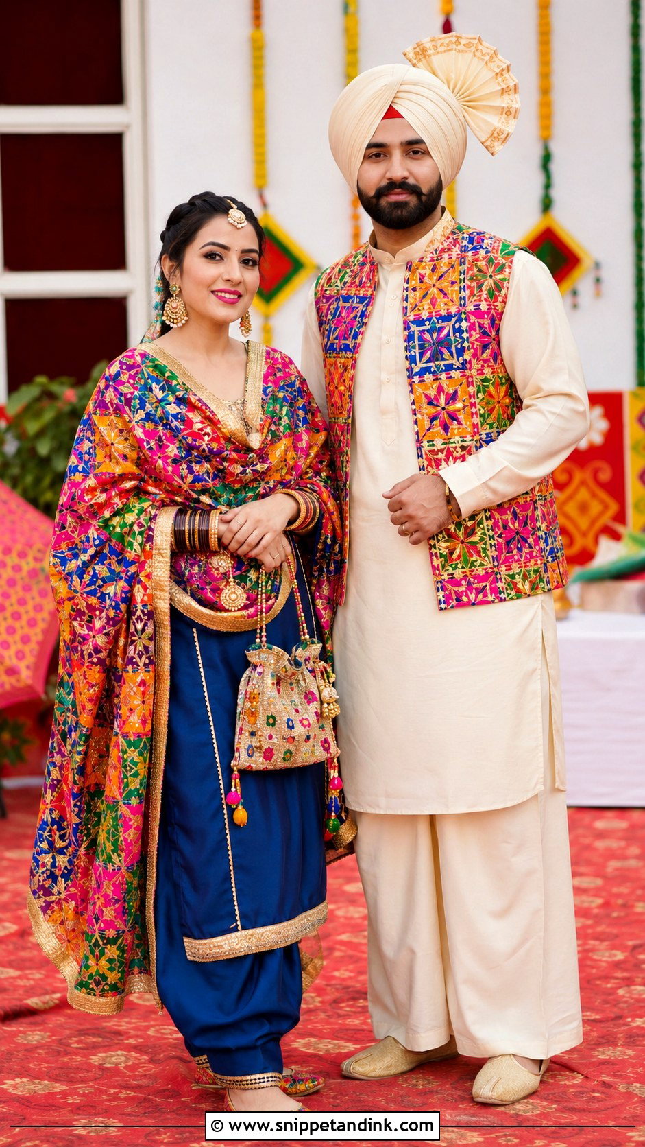 Phulkari Suit And Kurta Pajama Couple Outfit - Snippet and Ink - 20 Desi Couple Outfits