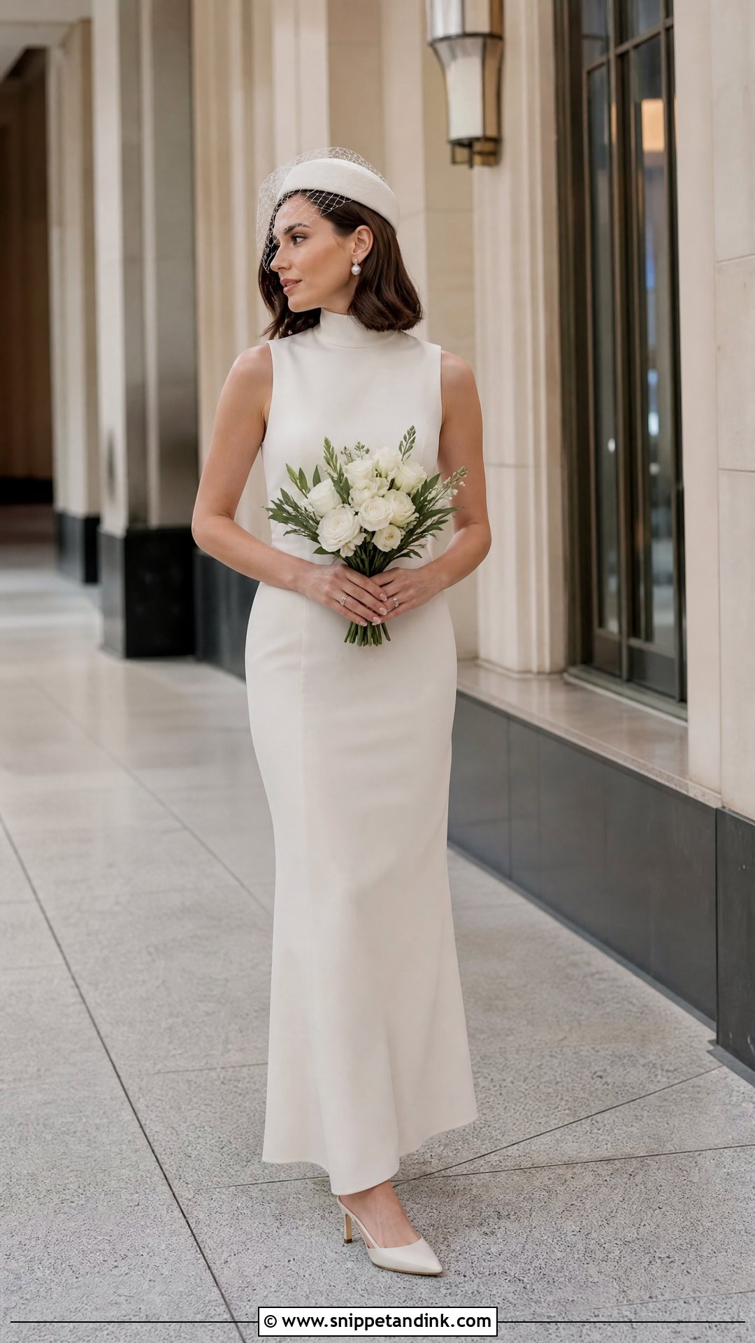 Pillbox Hat Wedding Headpiece With Column Dress - Snippet and Ink - 20 Wedding Head Pieces Ideas