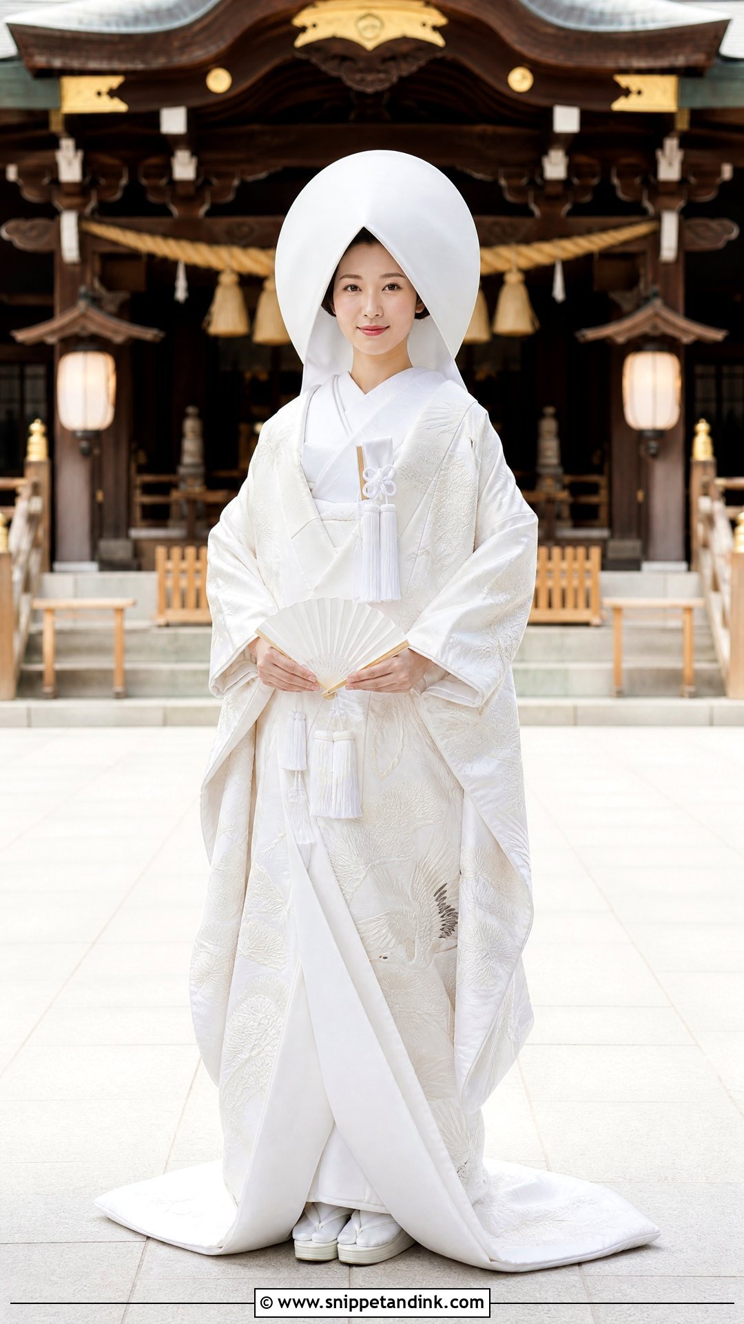 Pine And Crane Shiromuku With White Fan - Snippet and Ink - 20 Shiromuku Wedding Kimono Ideas