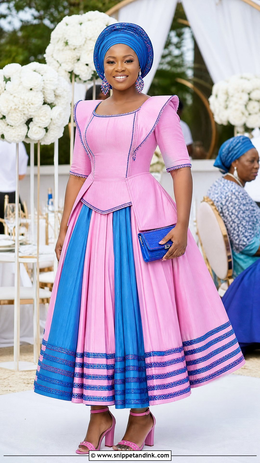 Pink And Blue Pleated Pedi Makoti Dress - Snippet and Ink - 20 Pedi Traditional Attire African Weddings Ideas