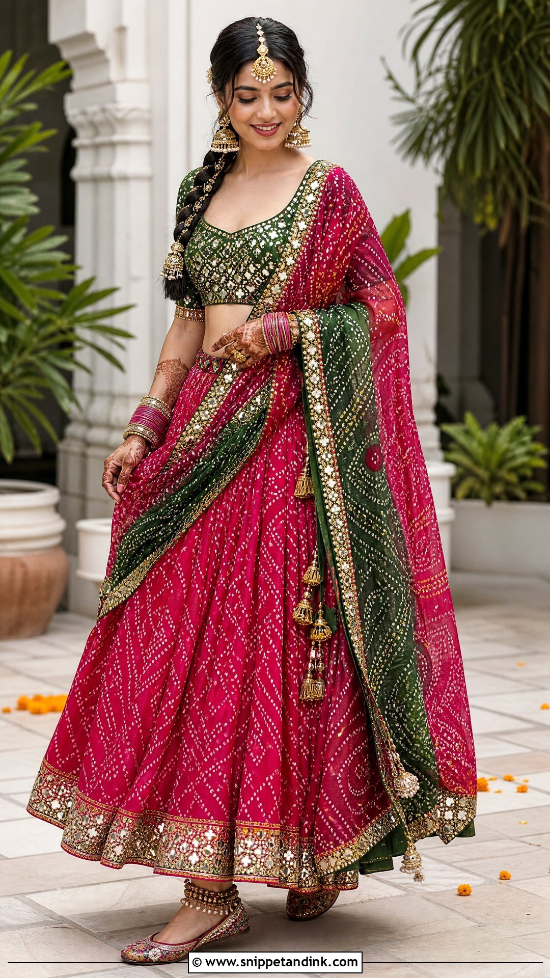 Pink And Green Bandhani Lehenga Mehndi Outfit - Snippet and Ink - 25 Mehndi Function Dress Outfit for Bride Ideas