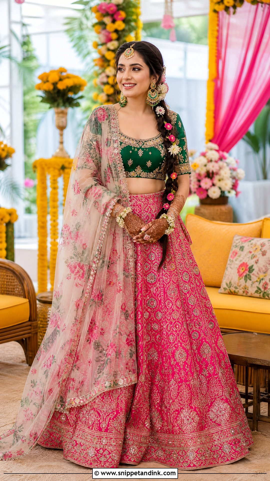 Pink And Green Mehendi Lehenga - Snippet and Ink - 20 Pink Mehendi Outfit Ideas