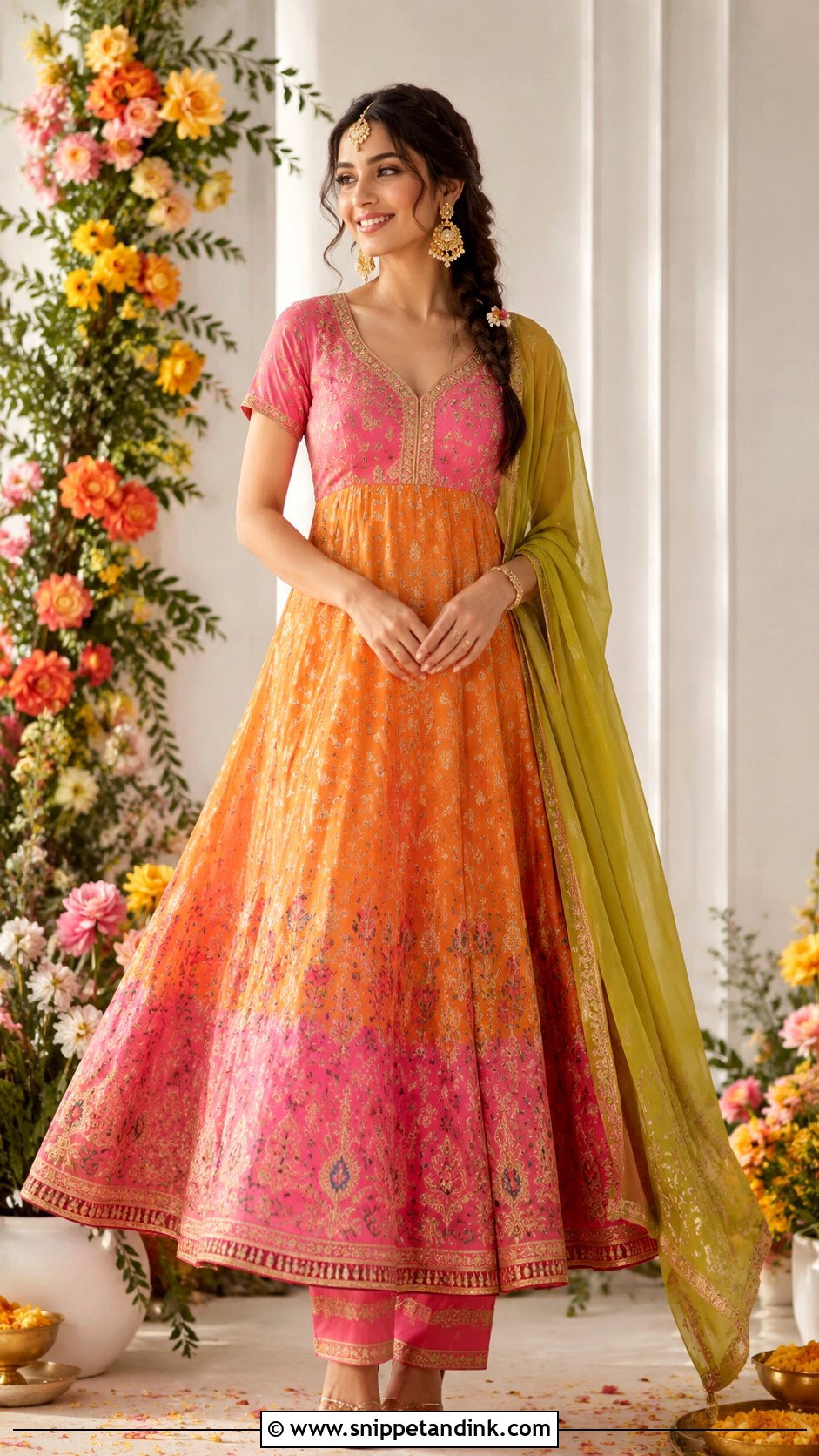 Pink And Orange Anarkali Mehandi Night Dress - Snippet and Ink - 20 Mehandi Night Dress for Bride Ideas