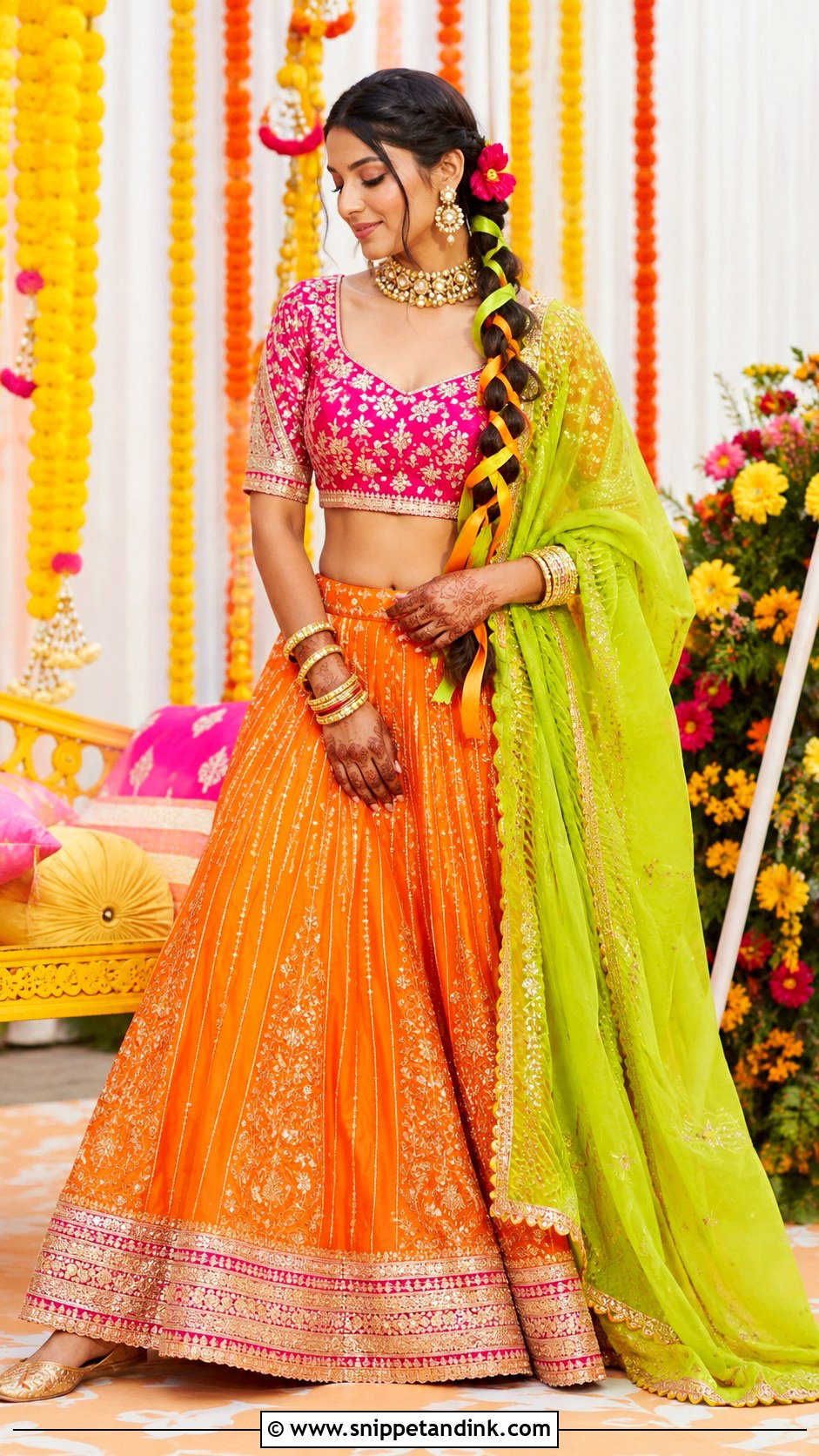 Pink And Orange Color Block Mehandi Bridal Lehenga - Snippet and Ink - 20 Mehandi Bridal Dress Ideas