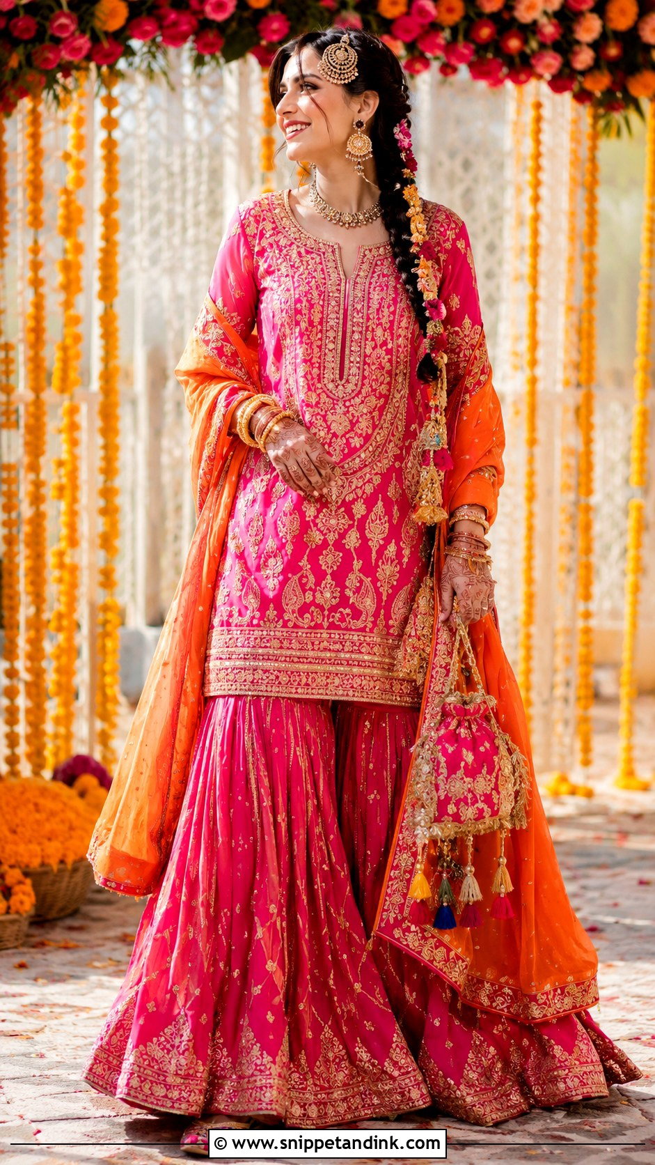 Pink And Orange Kashmiri Bridal Gharara - Snippet and Ink - 20 Kashmiri Pandit Bride Ideas