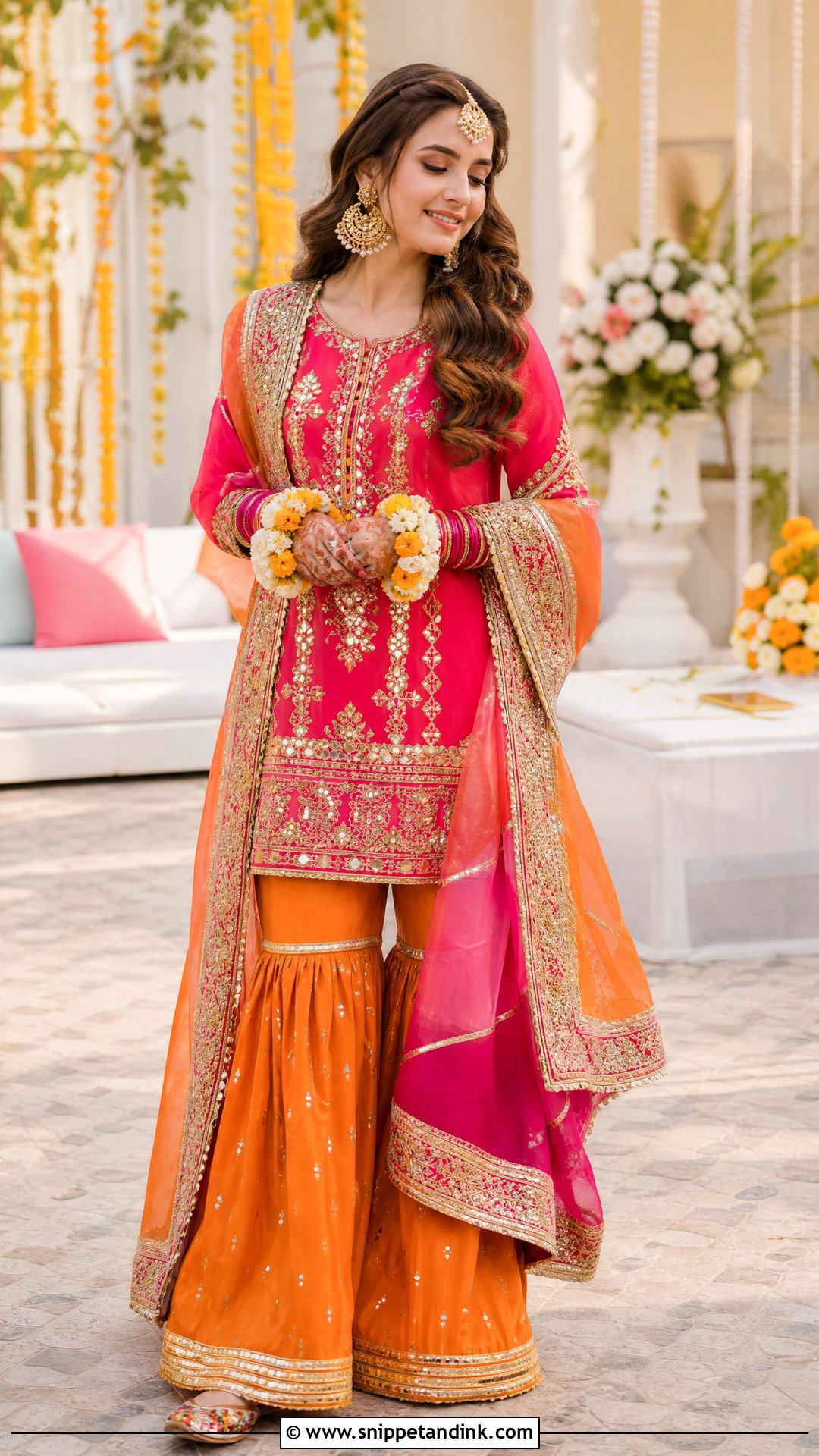 Pink And Orange Mehndi Bridal Gharara - Snippet and Ink - 20 Pakistani Mehndi Bridal Wear Ideas