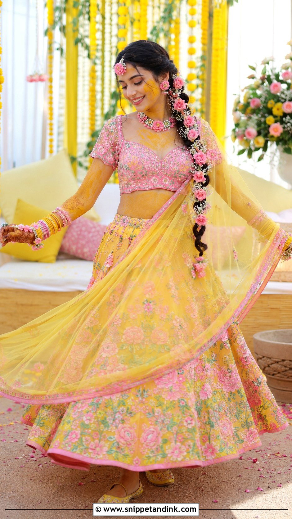 Pink And Yellow Floral Lehenga Haldi Outfit - Snippet and Ink - 20 Floral Haldi Outfit Ideas