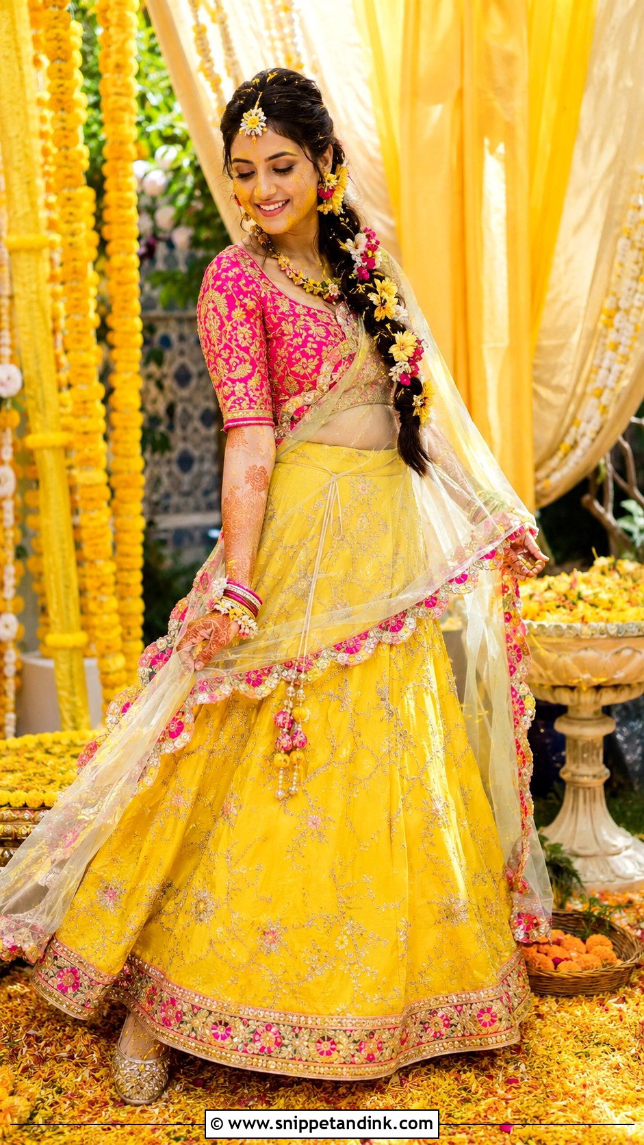 Pink And Yellow Haldi Dress - Snippet and Ink - 20 Haldi Wedding Dress Ideas