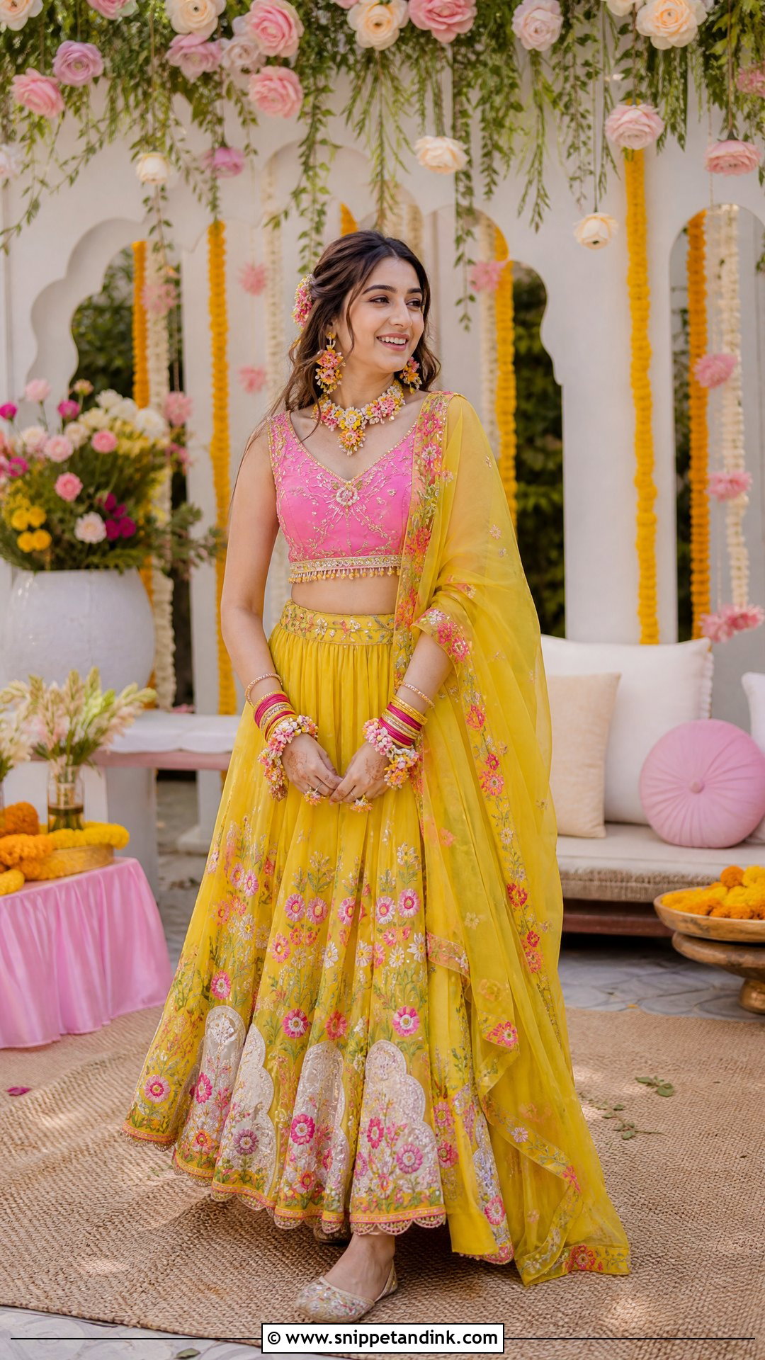 Pink And Yellow Haldi Lehenga - Snippet and Ink - 25 Haldi Function Dress for Bride Ideas