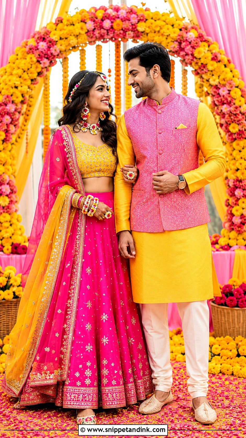Pink And Yellow Haldi Outfits For Couple - Snippet and Ink - 20 Haldi Outfits for Couple